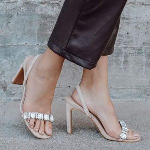 Light Nude Suede Rhinestone High Heel Sandals